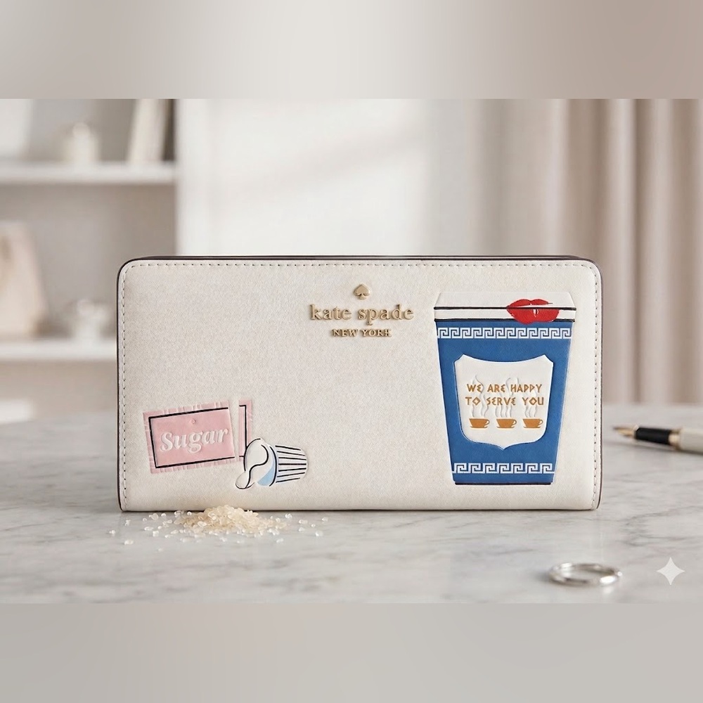Kate Spade New York Coffee Break Large Slim Bifold Wallet in Cream Multi leather